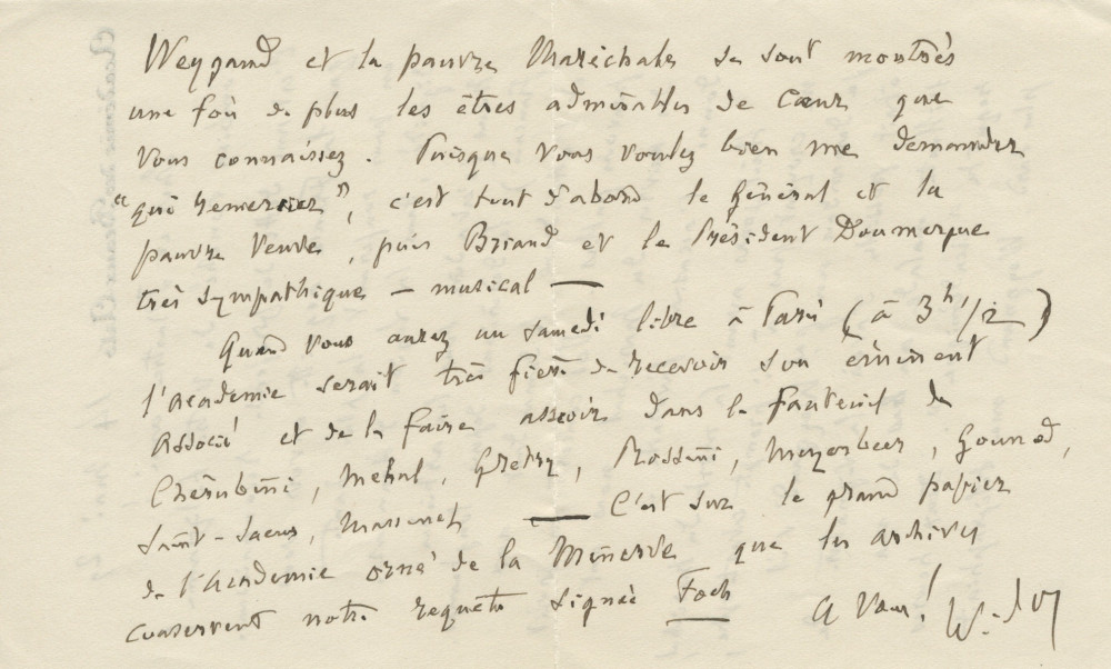 Lettre (avec enveloppe) adressée par Charles-Marie Widor, sous en-tête de l'Académie des beaux-arts [à Paris], à Paderewski, à Morges, le 14 mai 1929