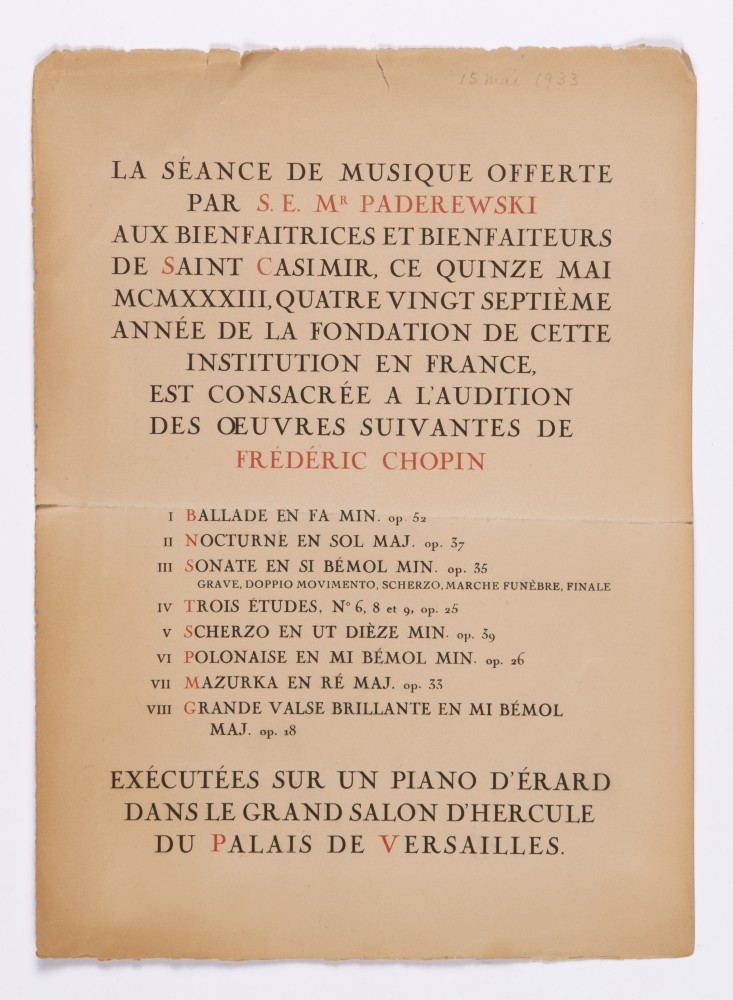 Programme de la séance de musique offerte par Paderewski le 15 mai 1933 dans le grand salon d'Hercule du Palais de Versailles aux bienfaiteurs de l'Œuvre de Saint-Casimir