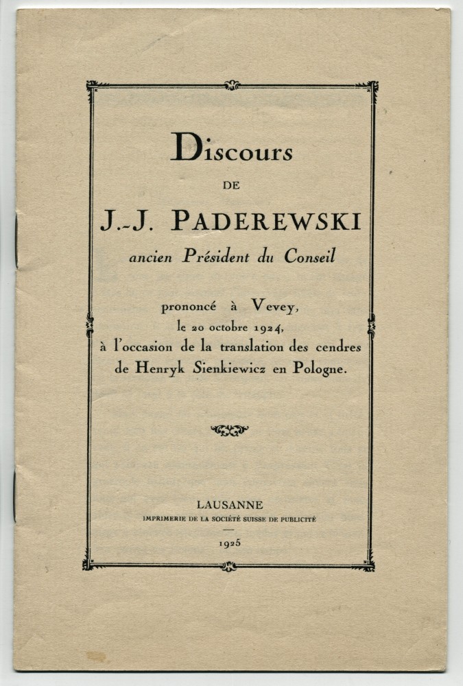 Plaquette du discours prononcé par Paderewski le 20 octobre 1924 à Vevey à l'occasion du transfert de la dépouille mortelle de Henryk Sienkiewicz en Pologne, éditée à Lausanne en 1925