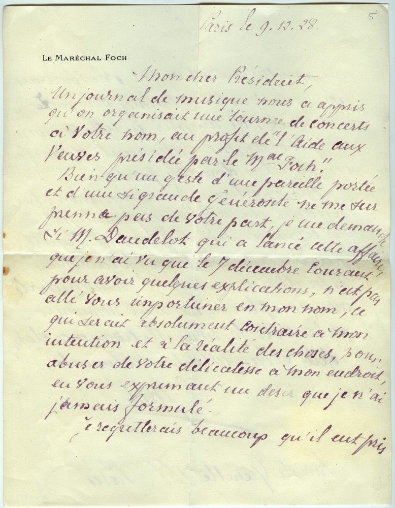 Lettre adressée de Paris le 9 décembre 1928 à «Mon cher Président» Paderewski par le maréchal Foch