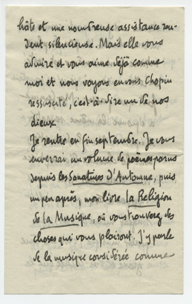 Lettre adressée par Camille Mauclair à Paderewski, de l'Ile de Clarens (sur le Léman au large de Montreux) un lundi de 1910 (?) (1-6)