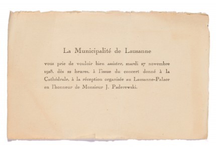 Carton d'invitation de la Municipalité de Lausanne pour la réception organisée à l'issue du concert donné par Paderewski le 27 novembre 1928 à la Cathédrale de Lausanne au profit de la construction d'une salle de concerts
