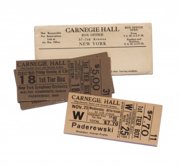 Billets d'entrée à des concerts donnés par Paderewski au Carnegie Hall de New York les 25 novembre 1925 et 18 décembre 1926