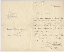 Lettre adressée par Paderewski à l'Abbé[-Président] de l'Abbaye de l'Arc de Lausanne, de Riond-Bosson le 22 juin 1906, avec signatures de ses parrains François-Alphonse Forel, Jean Morax et Aloïs Monod