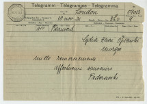 Télégramme adressé par Paderewski à «Lydia Henri Opienski Morges», de Londres le 10 novembre 1931