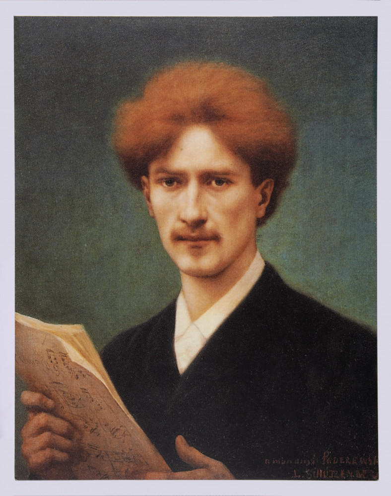 Reproduction du portrait peint de Paderewski par Louis Frédéric Schützenberger en 1889 «à mon ami Paderewski»