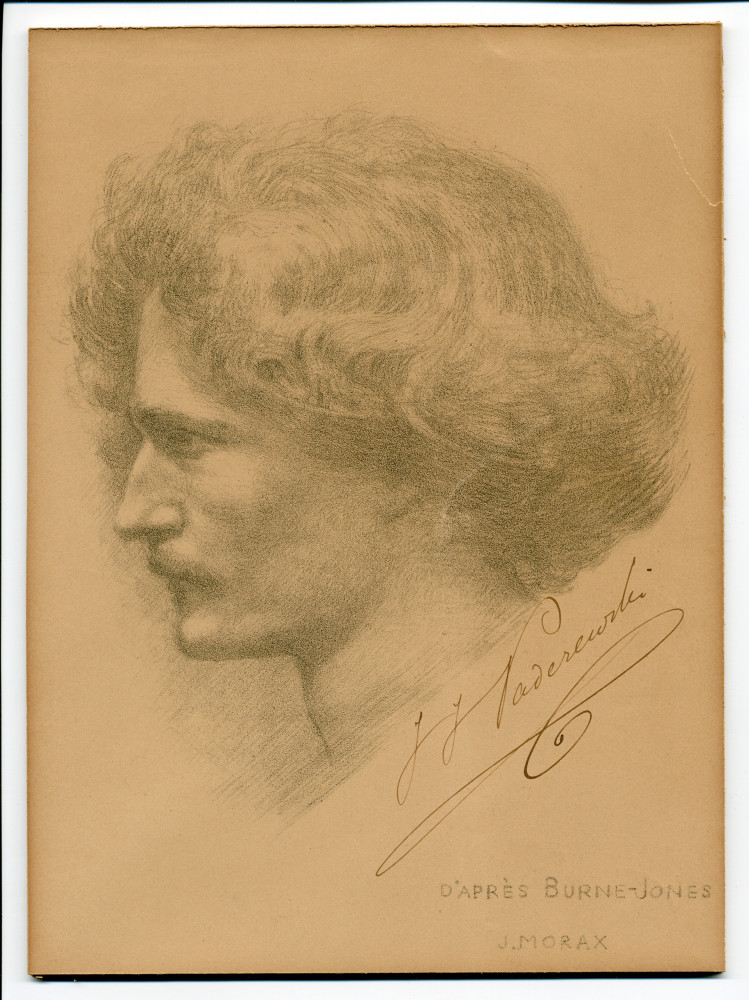 Dessin (crayon? lithographie?) de profil de Paderewski par Jean Morax d'après le crayon de Sir Edward Burne-Jones, avec signature autographe de Paderewski