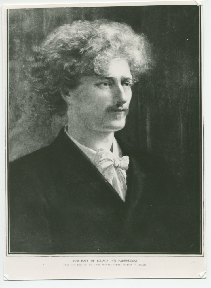 Reproduction noir-blanc (avec légende) du portrait peint de Paderewski par la princesse Louise, duchesse d'Argyll, fille de la reine Victoria, en 1892