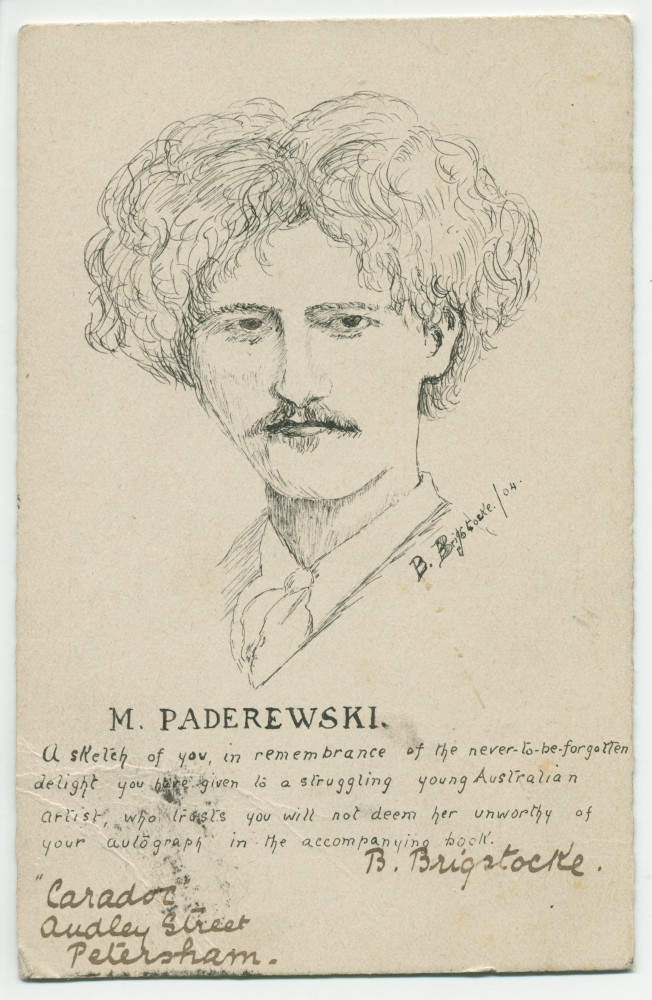 Carte postale avec dessin original à la plume réalisé en 1904 par une jeune artiste australienne, B. Bridgstocke, en marge de la tournée océanique de Paderewski