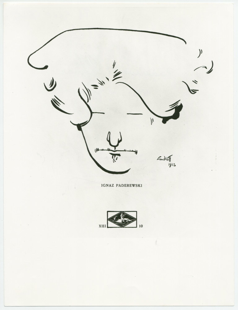 Reproduction d'une caricature minimaliste de Paderewski réalisée en 1913 par l'artiste autrichien Hans-Maria Lindolff