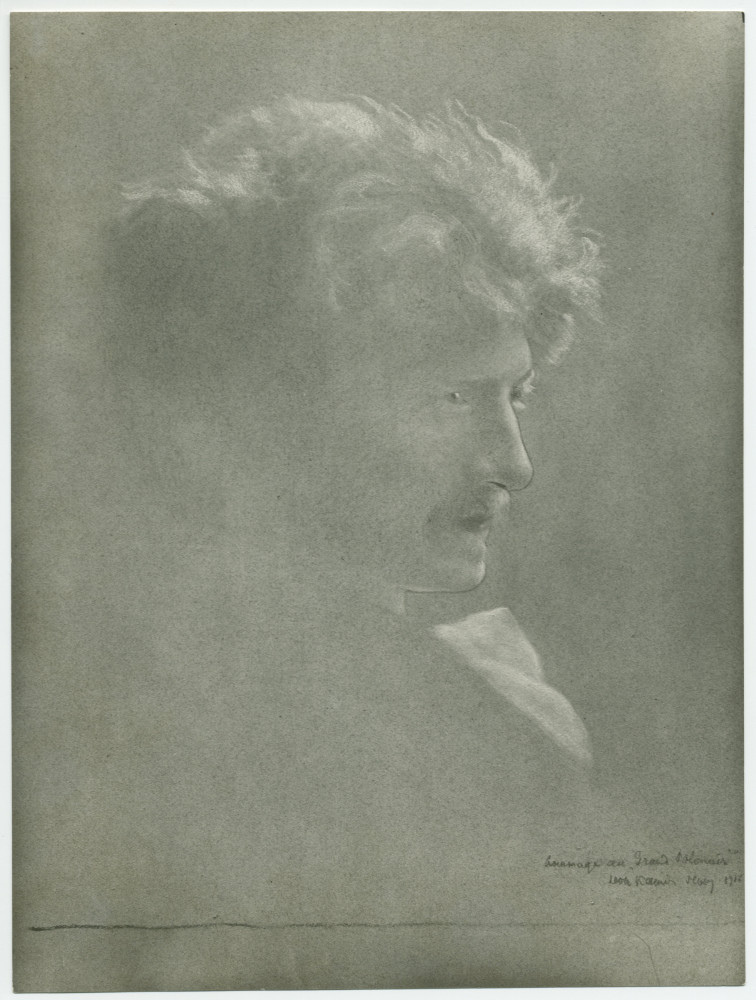 Reproduction noir-blanc (jauni) du pastel de Paderewski réalisé en 1916 par Léon Kamir Kaufmann, propriété depuis 1945 du Musée national de Varsovie, avec signature «hommage au Grand Polonais»