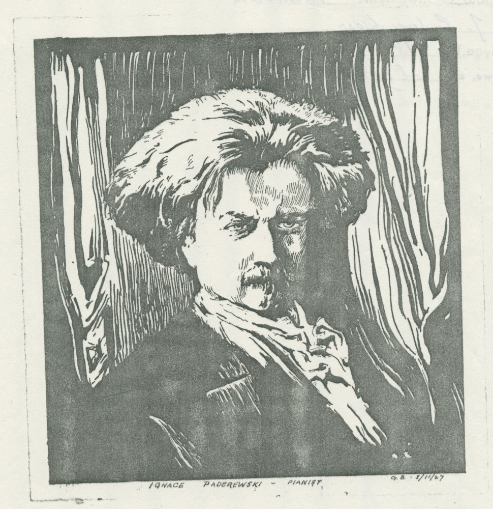 Reproduction d'une gravure sur bois de Paderewski réalisée le 11 mars 1927 par un artiste non identifié («G. B.»?)