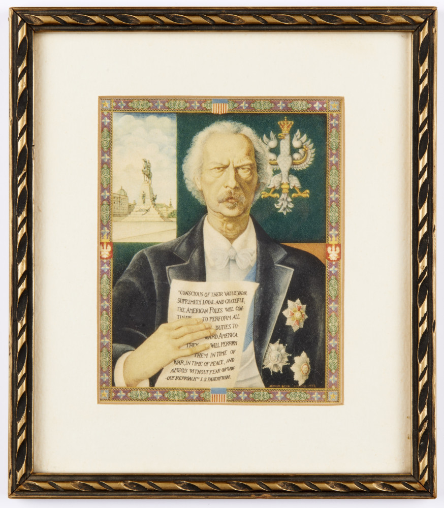 Reproduction du portrait allégorique de Paderewski commandé en 1939 par le gouvernement polonais à Arthur Szyk à l'occasion du «Jour glorieux de la fraternité américano-polonaise»