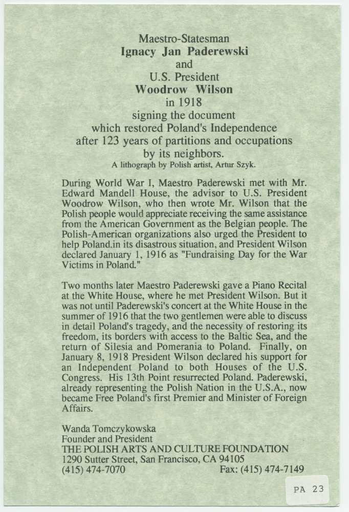 Reproduction (avec légende) de la lithographie allégorique représentant Paderewski en train de «dicter» le 13e point de son plan de paix au président Wilson, commande du gouvernement polonais à Arthur Szyk