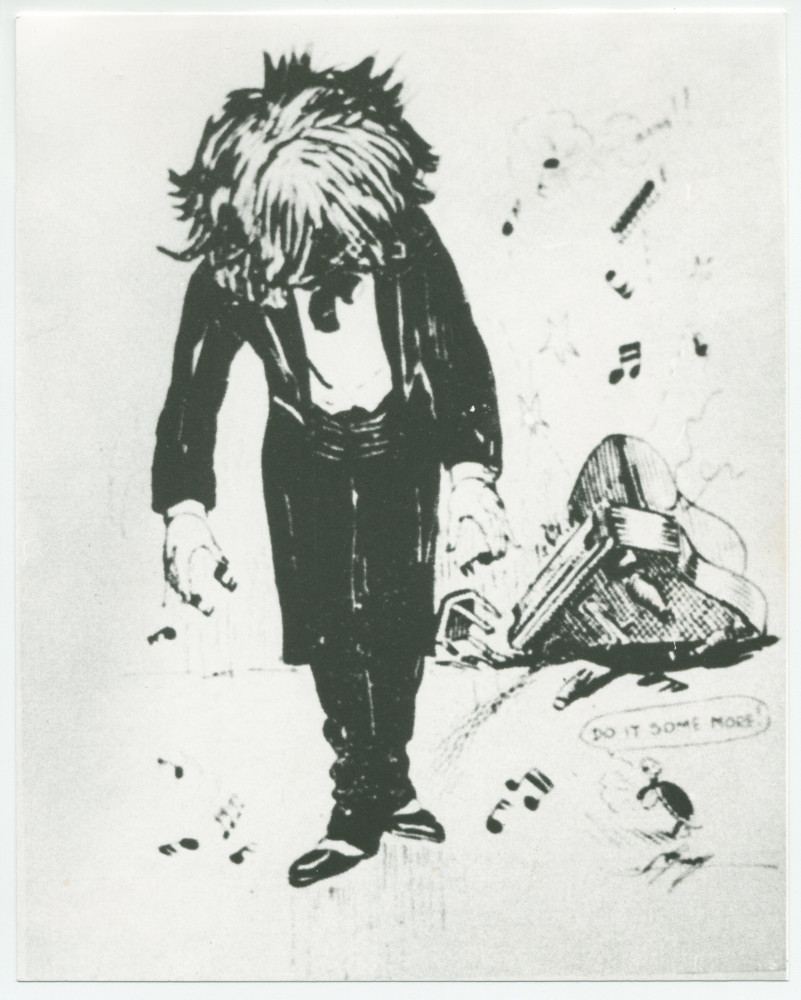 Reproduction d'une caricature d'auteur non identifié reproduite dans la biographie de Paderewski par Marian Marek Drozdonski (Varsovie, 1979), montrant un piano détruit et une tortue demandant au pianiste: «Do it some more!»