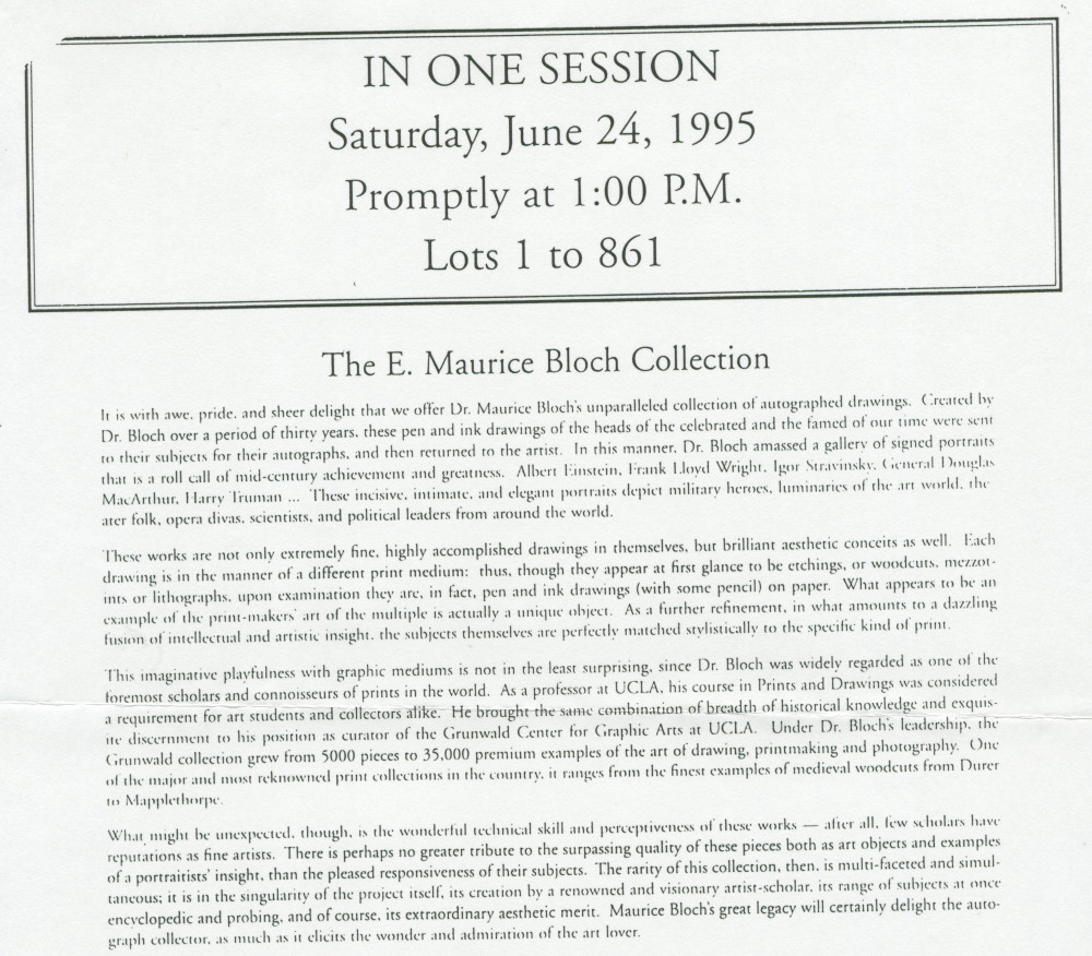 Reproduction d'un dessin de Paderewski (de profil gauche) réalisé par l'artiste américain E. Maurice Bloch, avec signature de Paderewski – accompagné d'un texte de présentation tiré d'un catalogue de vente aux enchères de «The E. Maurice Bloch Collection»