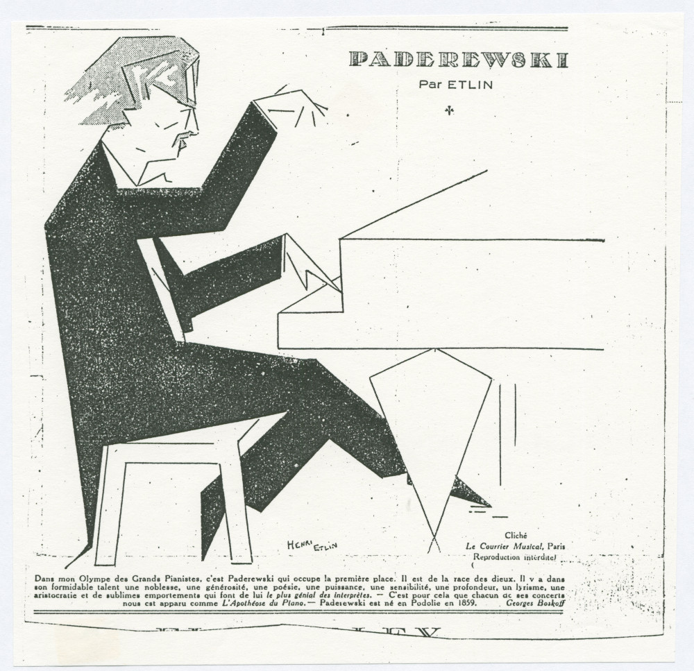 Reproduction d'une caricature de Paderewski au piano par Henri Etlin publiée dans «Le Courrier Musical» de Paris, accompagnée d'un texte de Georges Boskoff