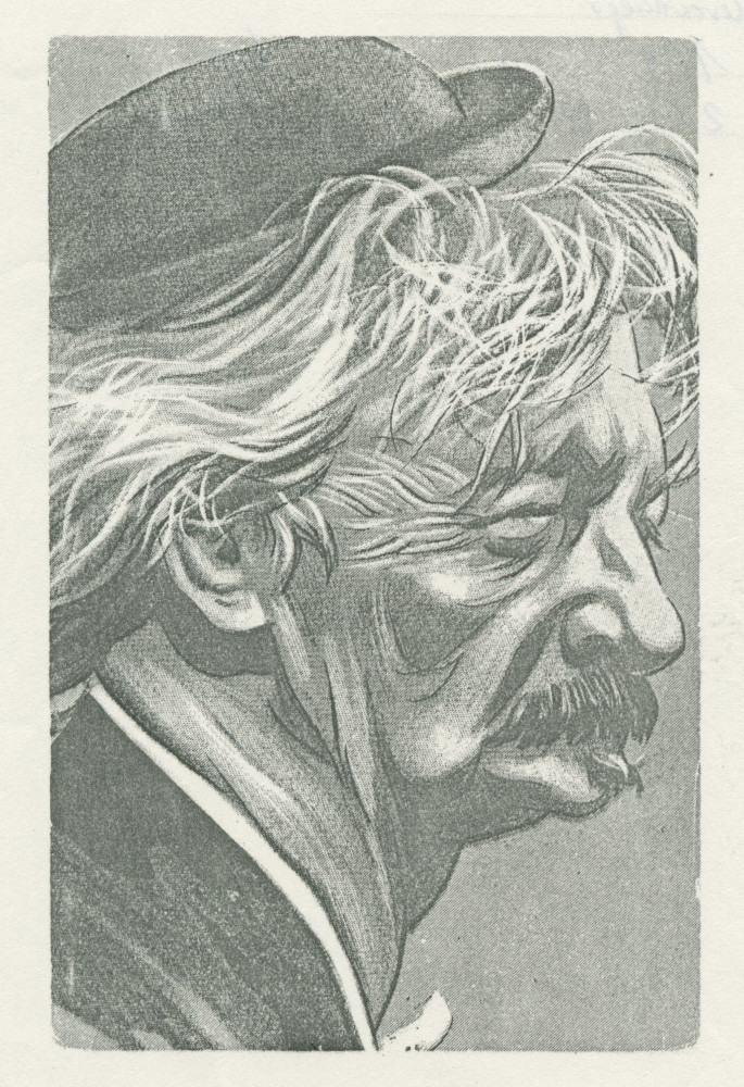 Reproduction d'une caricature de style bande-dessinée d'auteur non identifié représentant Paderewski les cheveux en bataille avec un chapeau melon