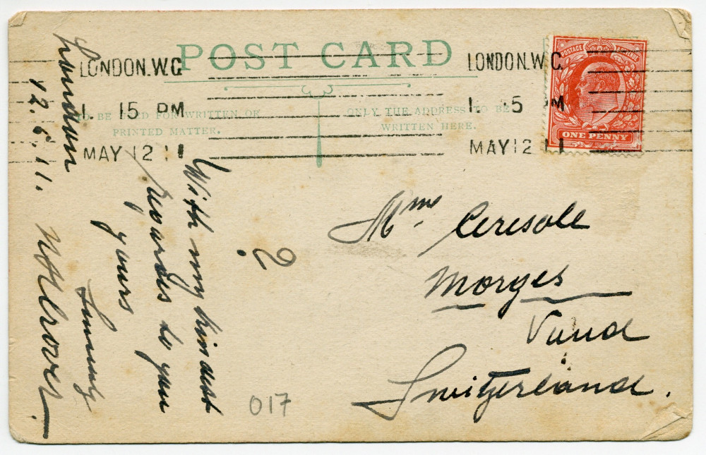 Carte postale de Paderewski au piano – dessin (non signé – caricature?) à l'encre de profil en ombre chinoise, avec le titre «Easy Execution» [exécution facile] – édition sans références – adressée de Londres à Mme Cérésole, Morges, le 12 mai 1911