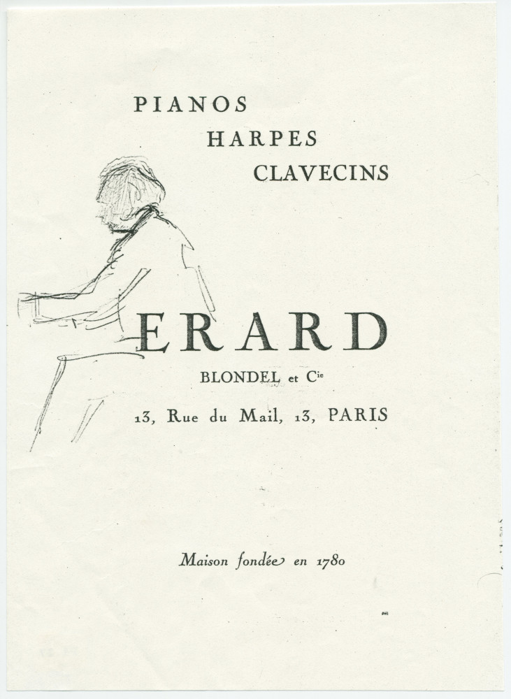 Reproduction d'une esquisse de Paderewski de profil au piano, d'auteur non identifié, dessinée sur un programme de la maison Erard, Blondel & Cie à Paris