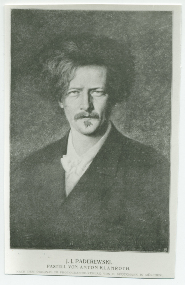Reproduction noir-blanc (avec légende) du pastel de Paderewski réalisé par le portraitiste allemand Anton Klamroth