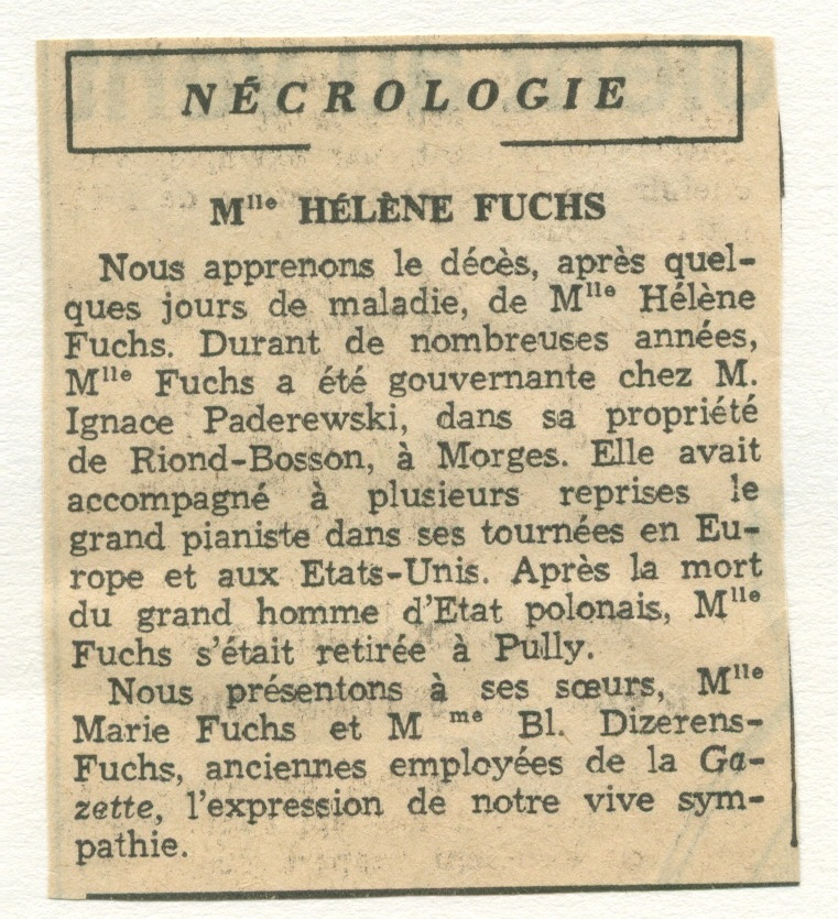 Photographie de Mlle Hélène Fuchs, gouvernante des Paderewski (à Riond-Bosson et dans leurs voyages), prise avec son chien face aux Rochers-de-Naye, en 1933, en compagnie de sa sœur (à droite) – accompagné d'une brève nécrologique