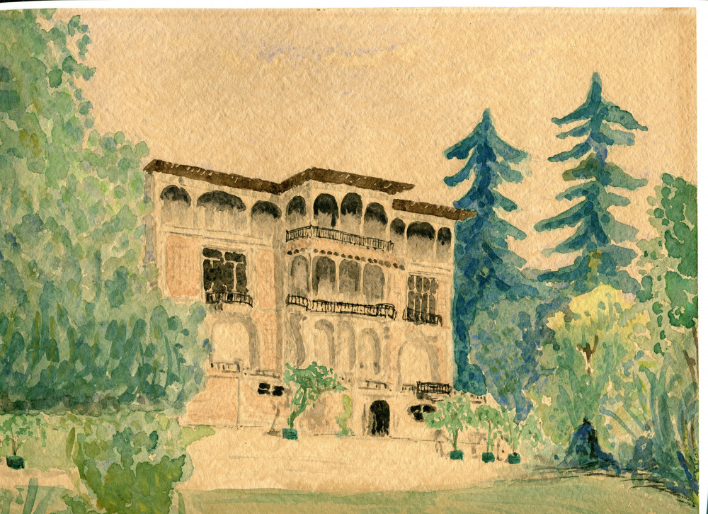 Aquarelle de Billy Clottu représentant la «villa Paderewski» de Riond-Bosson depuis le sud (de face)