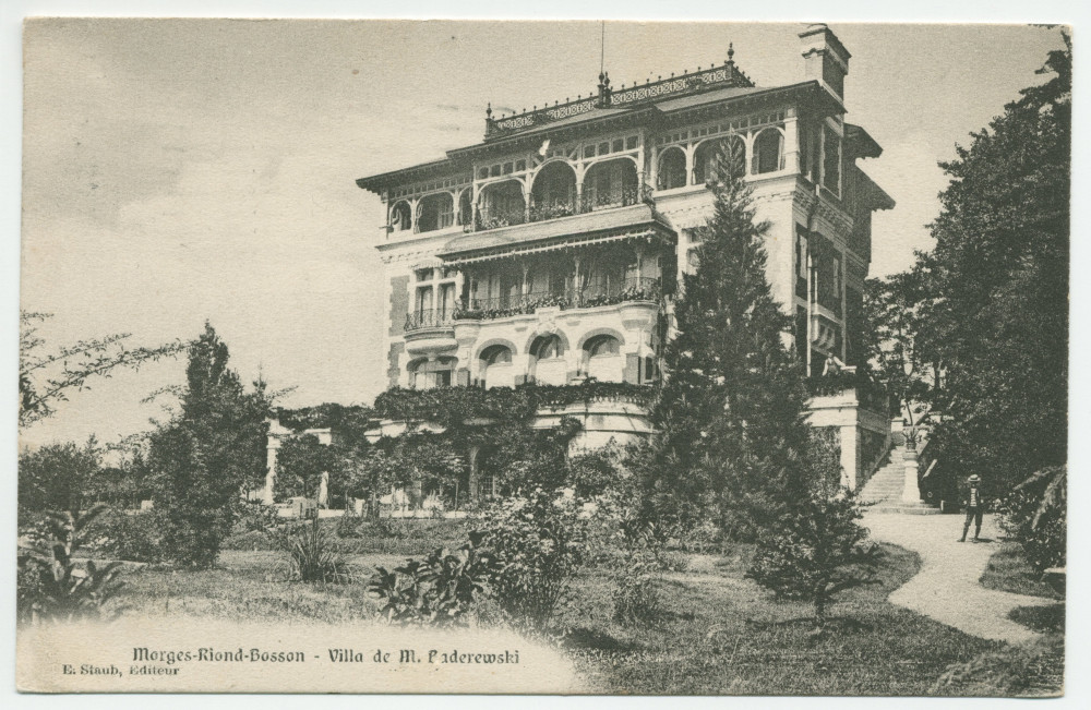 Carte postale avec légende représentant la «villa de M. Paderewski» de Riond-Bosson depuis le sud-est (de face) – éditée par E. Staub – avec message au verso (sans rapport avec Paderewski) expédié le 13 décembre 1913 de la gare de Lausanne