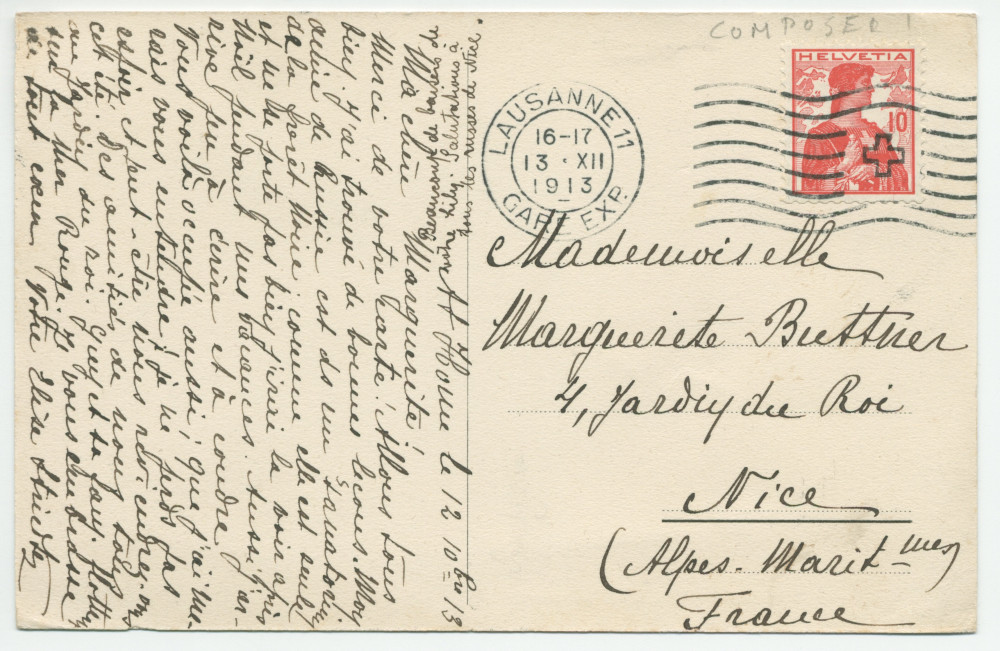 Carte postale avec légende représentant la «villa de M. Paderewski» de Riond-Bosson depuis le sud-est (de face) – éditée par E. Staub – avec message au verso (sans rapport avec Paderewski) expédié le 13 décembre 1913 de la gare de Lausanne