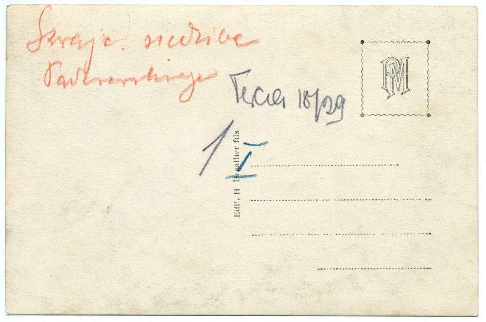 Carte postale avec légende représentant la «villa Paderewski» de Riond-Bosson depuis le sud (de face), avec son parc – éditée par H. Degallier Fils