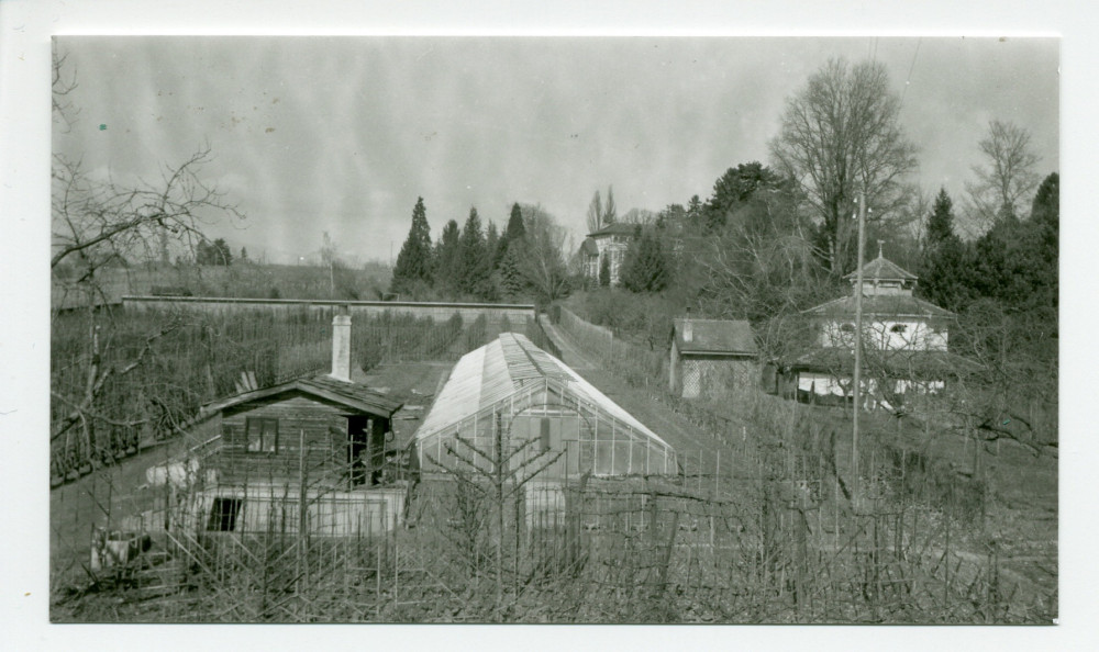 Photographie du domaine de Riond-Bosson prise depuis le sud, avec les serres, la villa et le pigeonnier