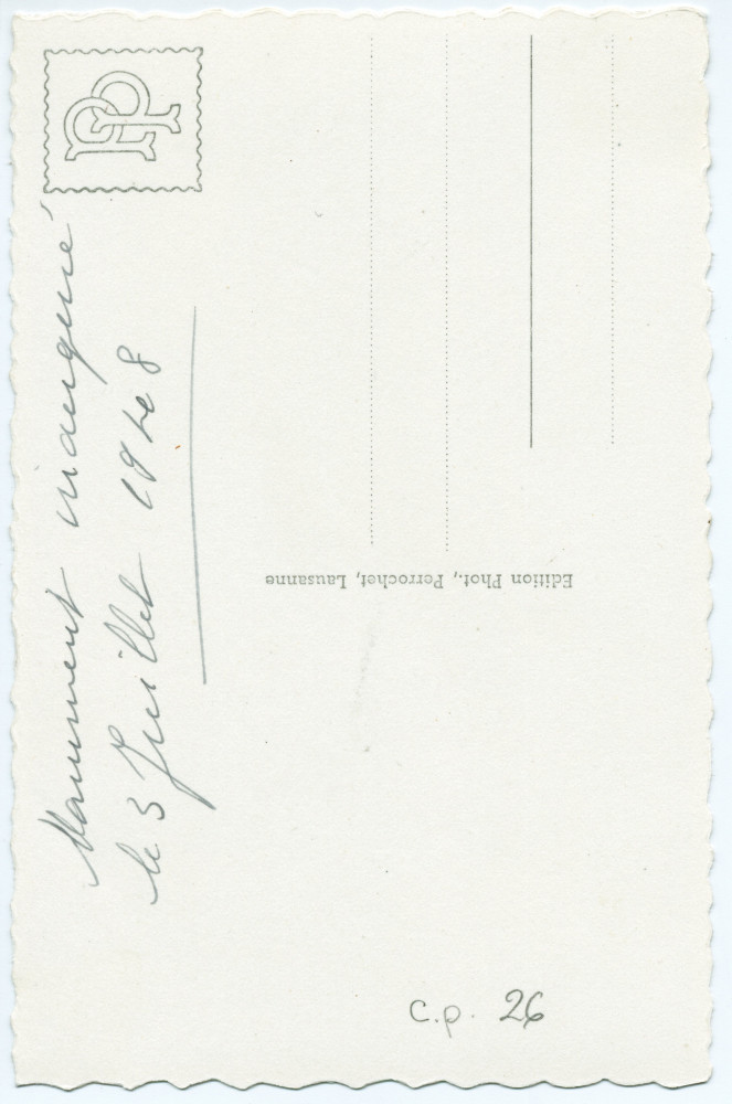 Carte postale de la statue de Paderewski sise dans le Parc de Seigneux à Morges, réalisée par Milo Martin et inaugurée le 3 juillet 1948 – photographie noir-blanc d'angle – éditée par Perrochet à Lausanne