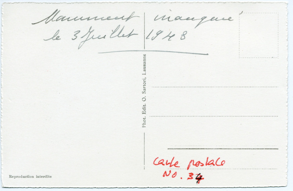 Carte postale de la statue de Paderewski sise dans le Parc de Seigneux à Morges, réalisée par Milo Martin et inaugurée le 3 juillet 1948 – photographie noir-blanc de face avec le parc – éditée par O. Sartori à Lausanne