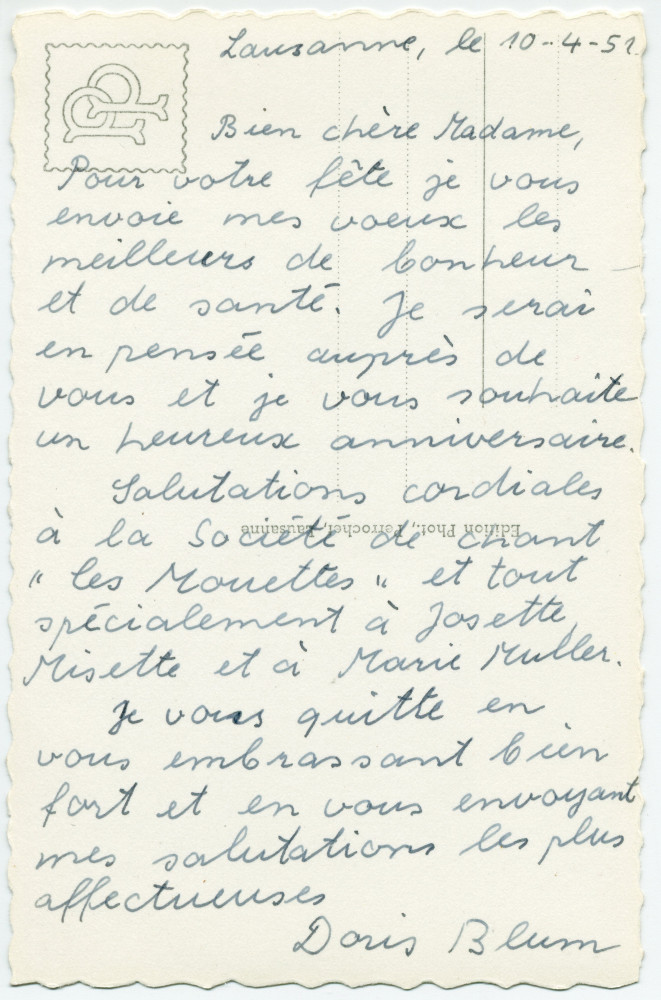 Carte postale de la statue de Paderewski (vue d'angle) sise dans le Parc de Seigneux à Morges, réalisée par Milo Martin et inaugurée le 3 juillet 1948 – photographie noir-blanc de profil – éditée par Perrochet à Lausanne