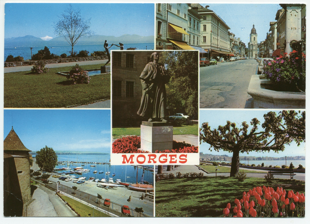 Carte postale touristique «Souvenir de Morges» avec au centre la photographie de la statue de Paderewski réalisée par Milo Martin – éditée par Jaeger au Lignon (GE)