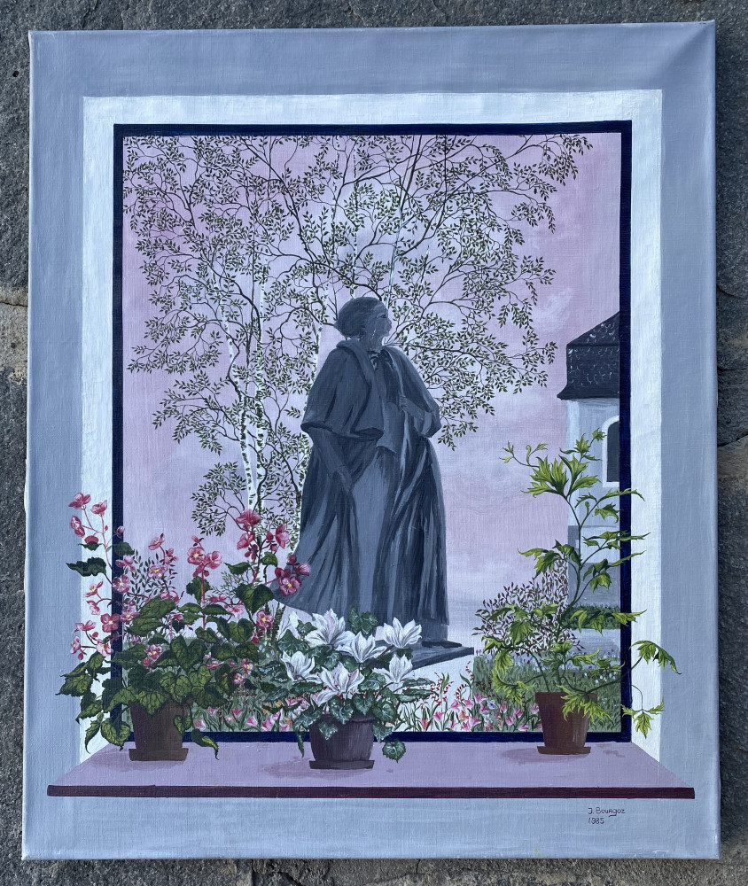 Peinture originale sur toile et cadre en bois de Jacqueline Bourgoz, réalisée en 1985 et représentant la statue de Paderewski commandée à Milo Martin par la ville de Morges