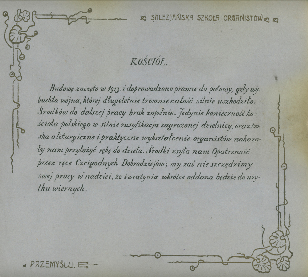 Album de présentation de l'Oratoire (école) salésien pour organistes de Przemysl, réalisé à l'occasion de l'année scolaire 1922-1923 – page 19: texte sur les travaux de l'église
