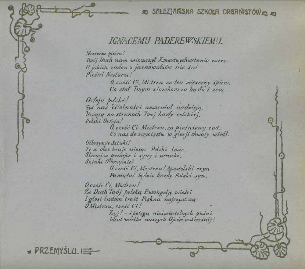 Album de présentation de l'Oratoire (école) salésien pour organistes de Przemysl, réalisé à l'occasion de l'année scolaire 1922-1923 – page 4: poème à Paderewski
