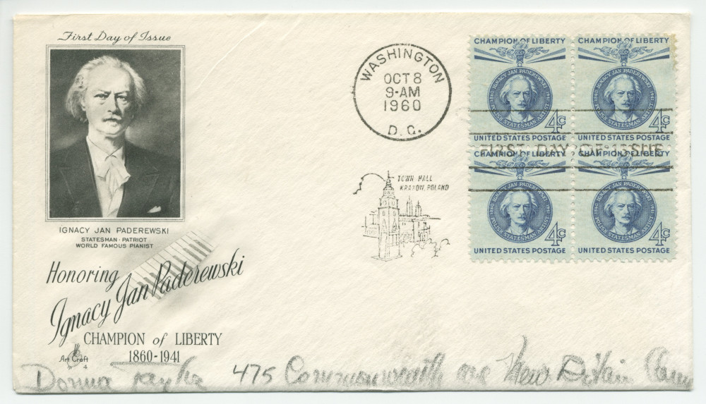 Enveloppe d'émission de l'United States Postal émise le 9 octobre 1960 à Washington avec 4 timbres de 4c et cette légende: «First day of issue, Ignacy Jan Paderewski, statesman, patriot, world famous pianist, honouring IJP champion of liberty 1860-1941»