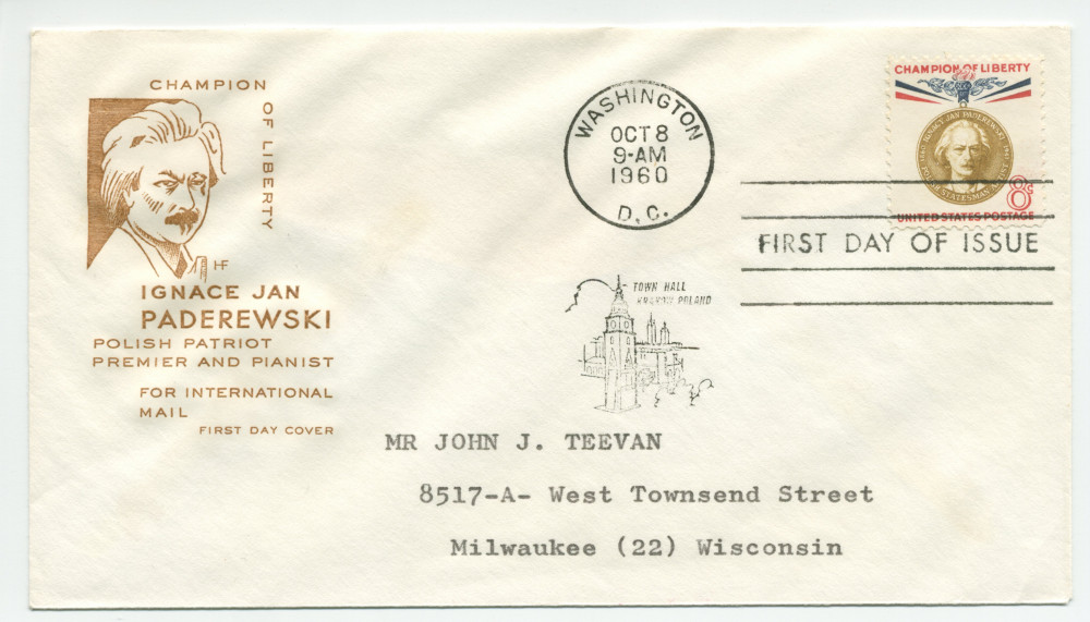 Enveloppe d'émission de l'United States Postal émise le 9 octobre 1960 à Washington avec timbre de 8c et cette légende: «Champion of liberty, Ignace Jan Paderewski, polish patriot, premier and pianist, for international mail, first day cover»