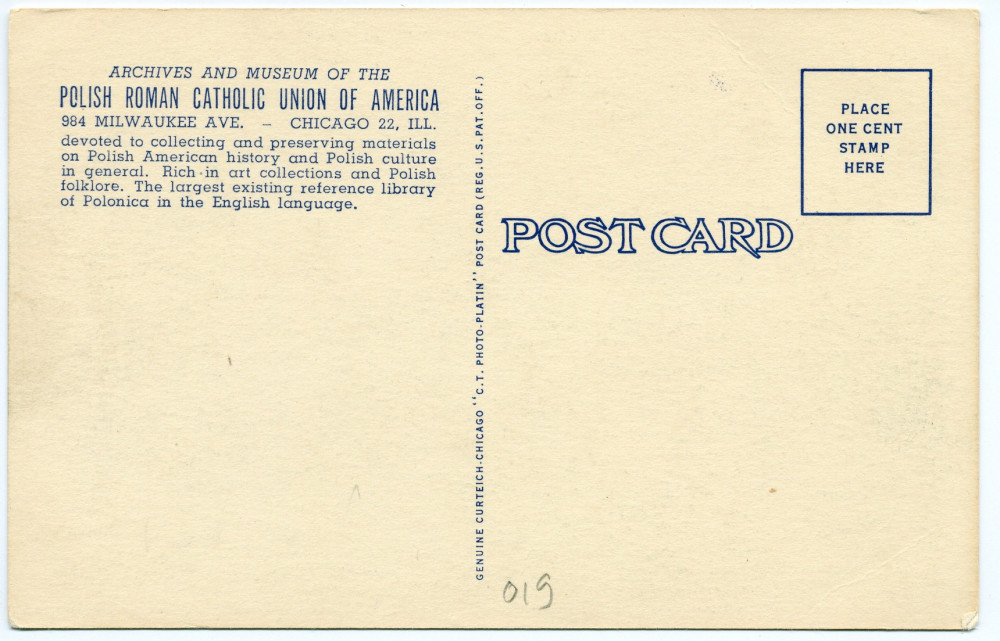 Carte postale représentant la chambre à coucher de Paderewski à l'Hôtel Buckingham de New York reconstituée au sein de la chambre du souvenir du Polish Roman Catholic Union Archives and Museum de Chicago (984 Milwaukee Ave.) – éditée par l'institution