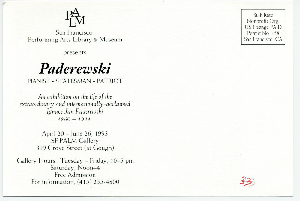 Carte postale de Paderewski au piano avec signature et légende «Paderewski – Pianist, Statesman, Patriot», éditée en 1993 par le San Francisco Performing Arts Library & Museum