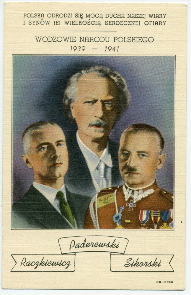 Carte postale représentant les trois figures du gouvernement polonais en exil (1939-1941): Raczkiewicz (président), Paderewski (président du Conseil national) et Sikorski (premier ministre)
