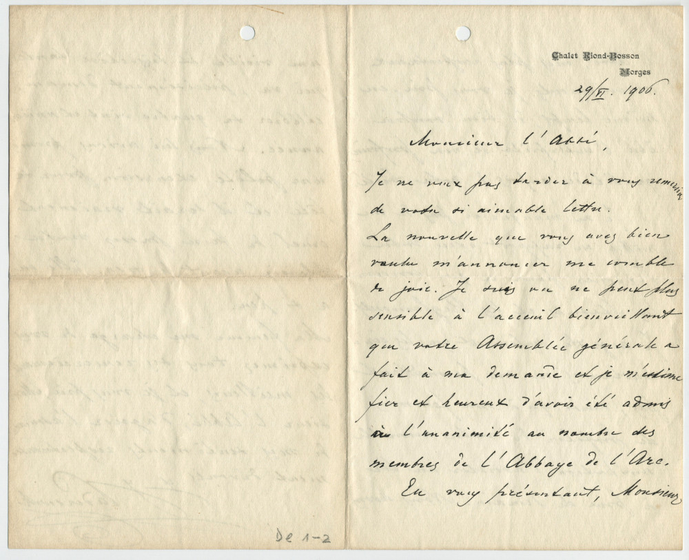 Lettre adressée par Paderewski à l'Abbé[-Président] de l'Abbaye de l'Arc de Lausanne, de Riond-Bosson le 29 juin 1906