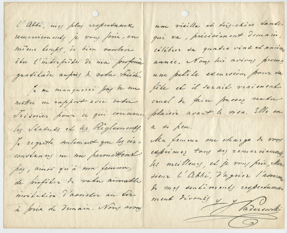 Lettre adressée par Paderewski à l'Abbé[-Président] de l'Abbaye de l'Arc de Lausanne, de Riond-Bosson le 29 juin 1906