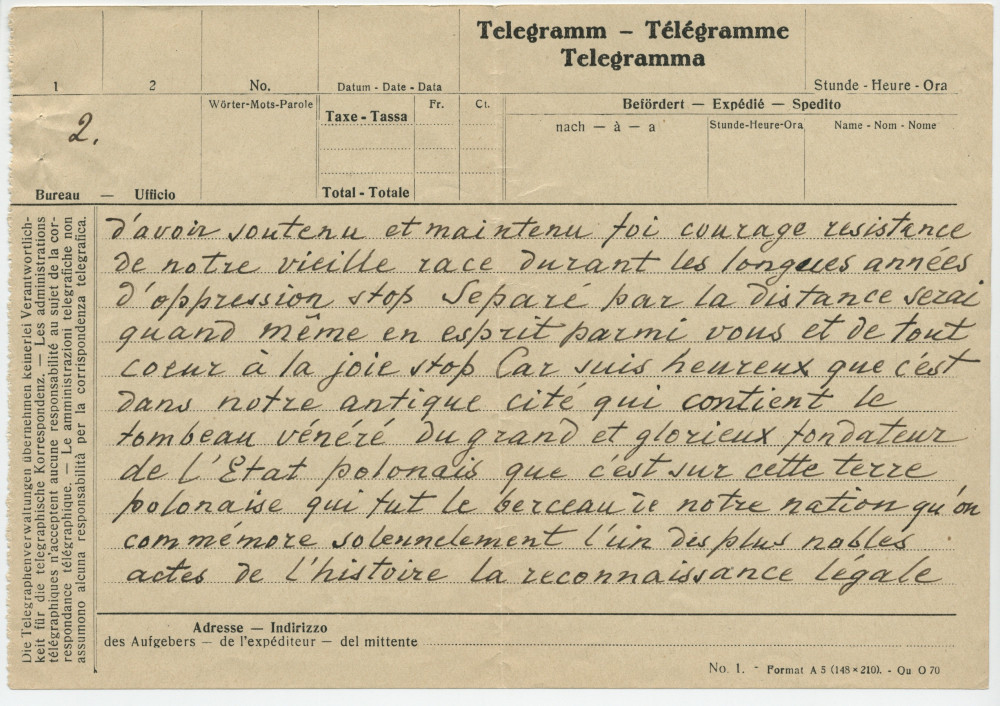 Télégramme non daté adressé par Paderewski au comte Adolphe Bninski, ancien voïvode de Posnanie, à Poznan, de Suisse