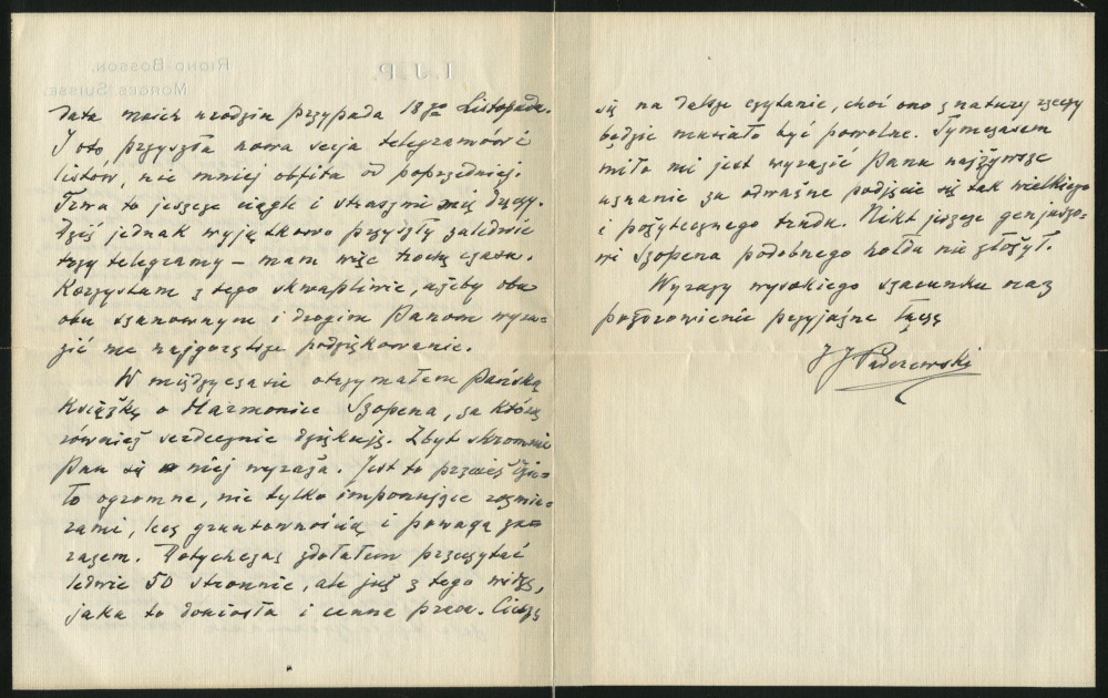 Lettre (avec enveloppe) adressée (en polonais) par Paderewski à Ludwik Bronarski, à Fribourg (Suisse), de Riond-Bosson le 16 décembre 1935