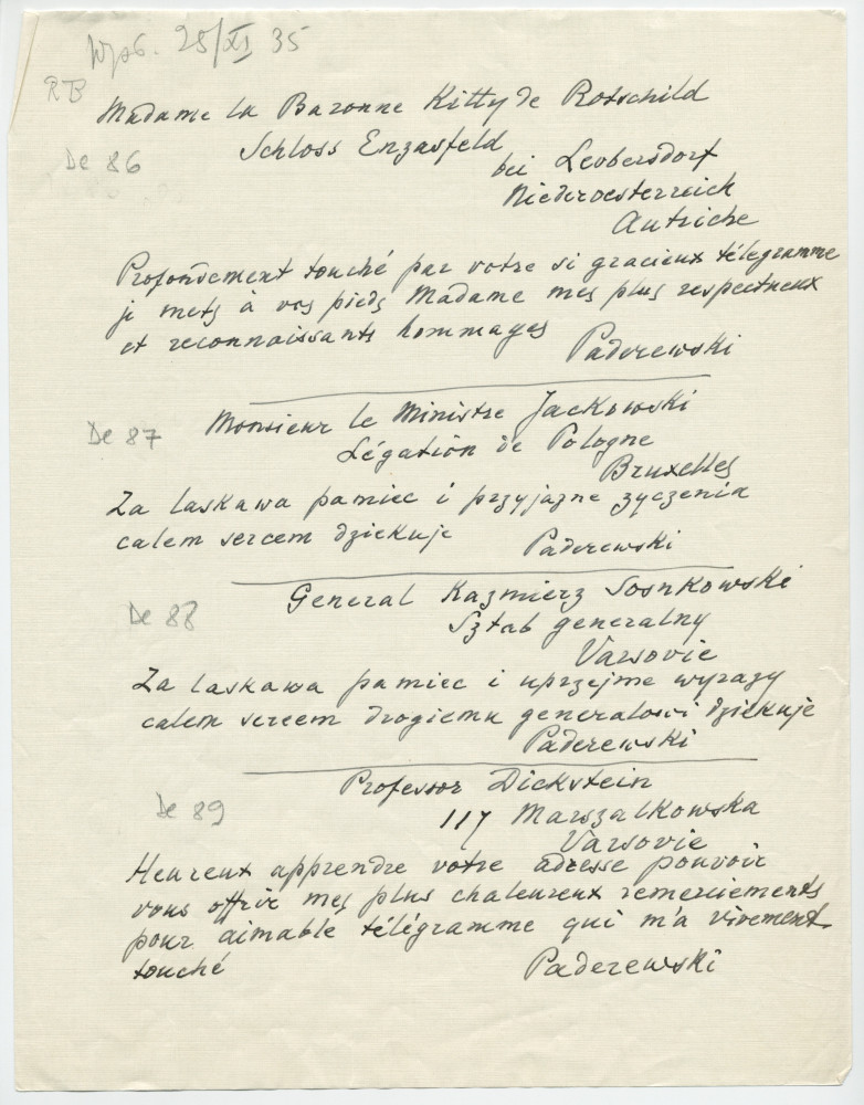 Brouillons de télégrammes adressés par Paderewski, entre août et novembre 1935 (1-5)