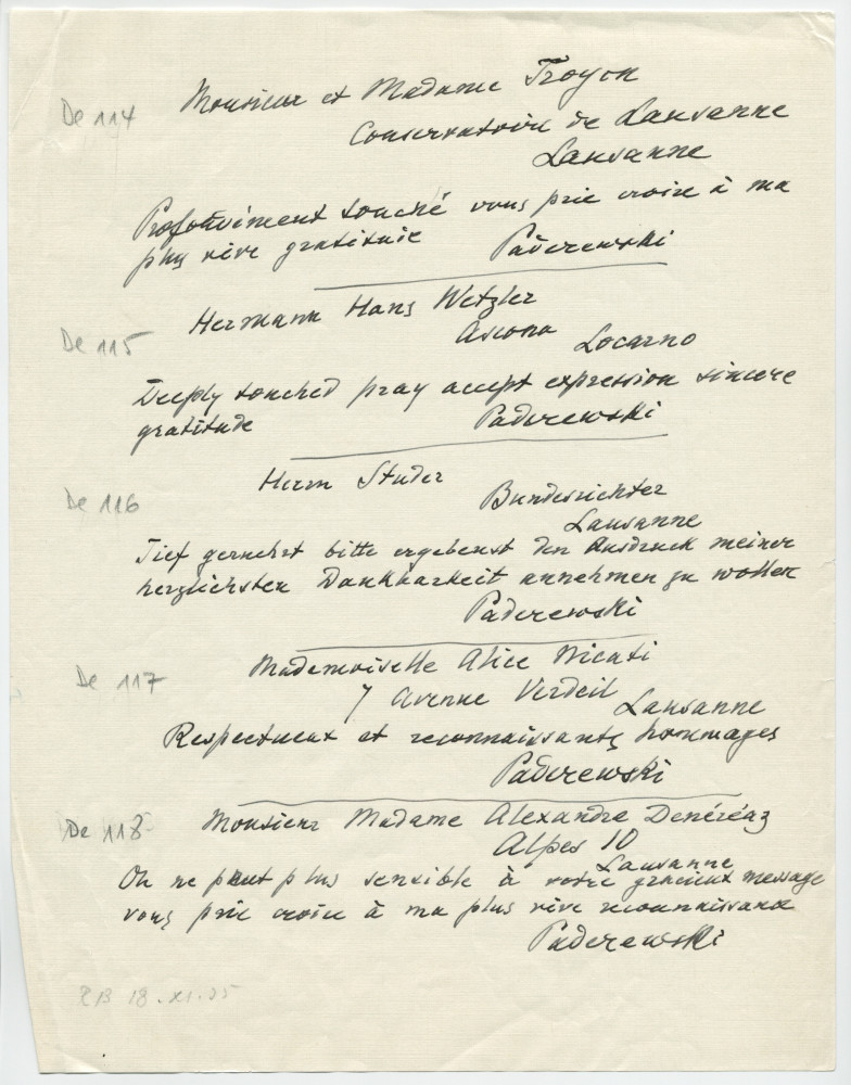 Brouillons de télégrammes adressés par Paderewski, entre août et novembre 1935 (6-10)