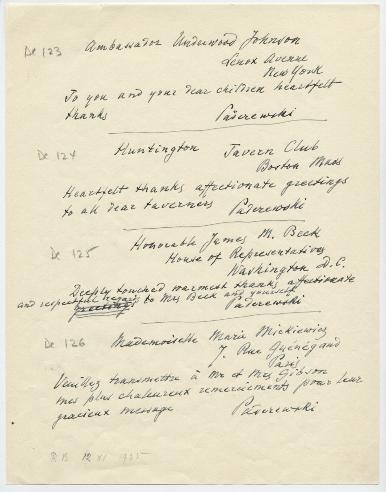 Brouillons de télégrammes adressés par Paderewski, entre août et novembre 1935 (11-15)